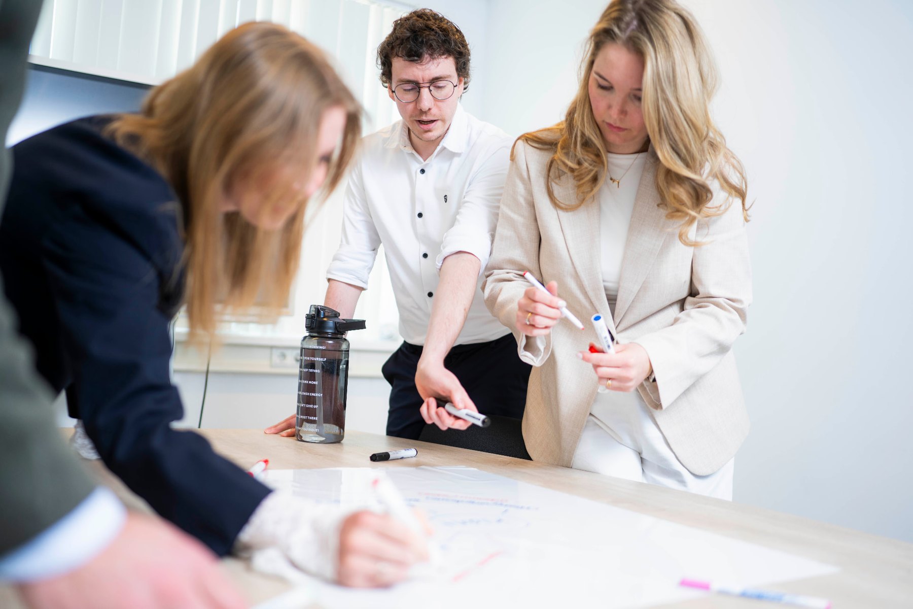 Team werkt samen met markers aan een groot vel